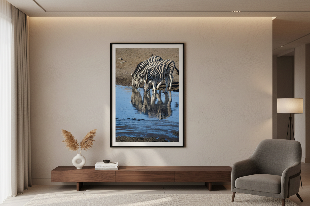 Zebras at the Waterhole — Framed on Wall