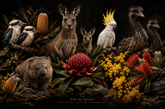 Australian wildlife collage by Raw Oz Images: kangaroo, kookaburras, cockatoo, emu and wombat with native flowers.