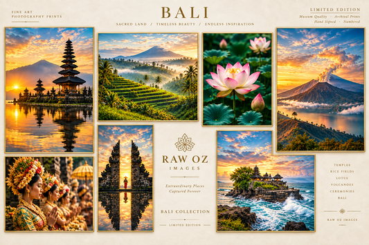 Collage of Bali photography prints by Raw Oz Images: temples at sunset, rice terraces, lotus flower, volcano and ceremonies.