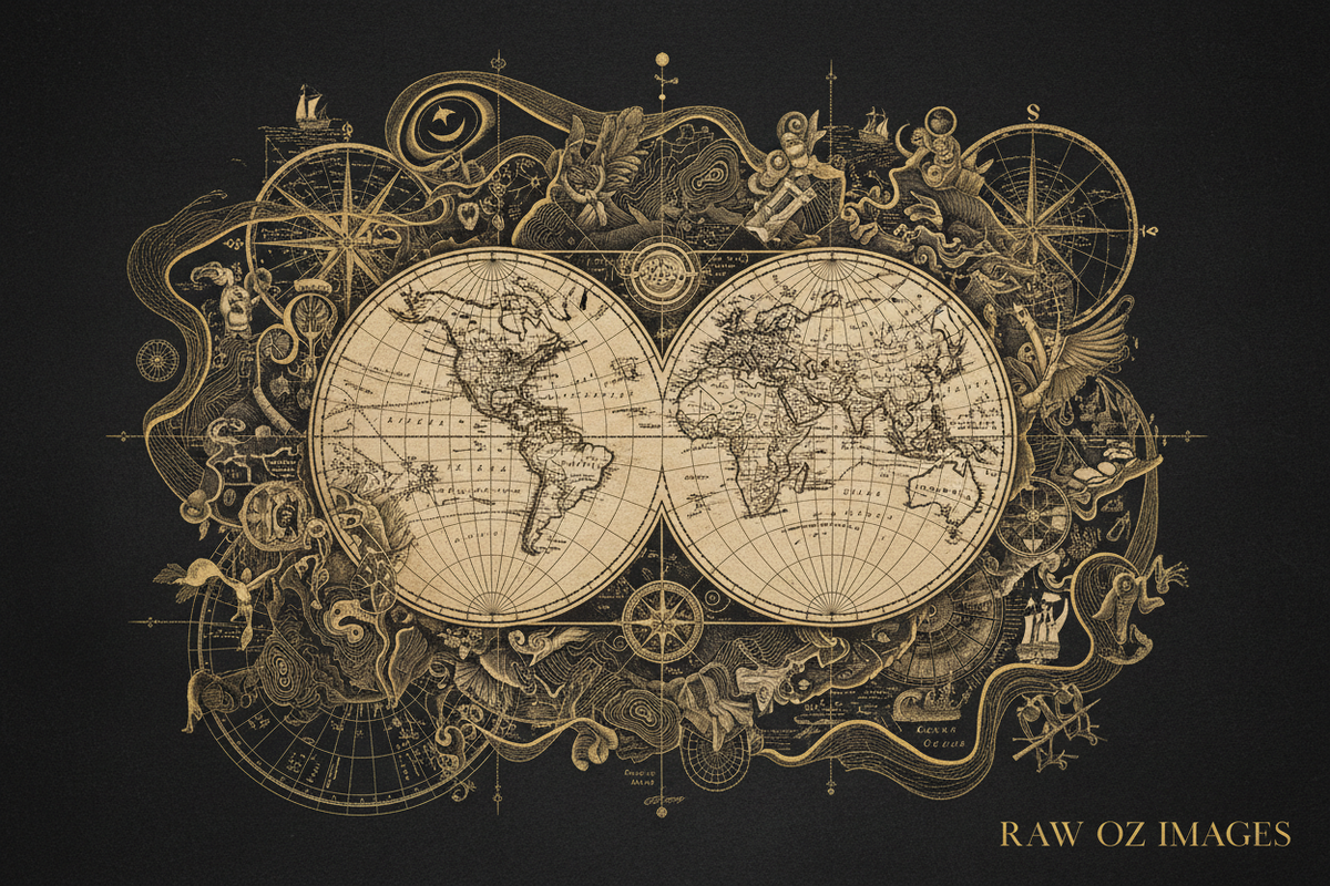 World Map with RAW OZ IMAGES text
