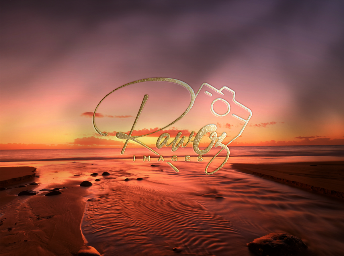 “Gold Raw Oz Images logo over an orange coastal sunset with rocks and rippled tidal water