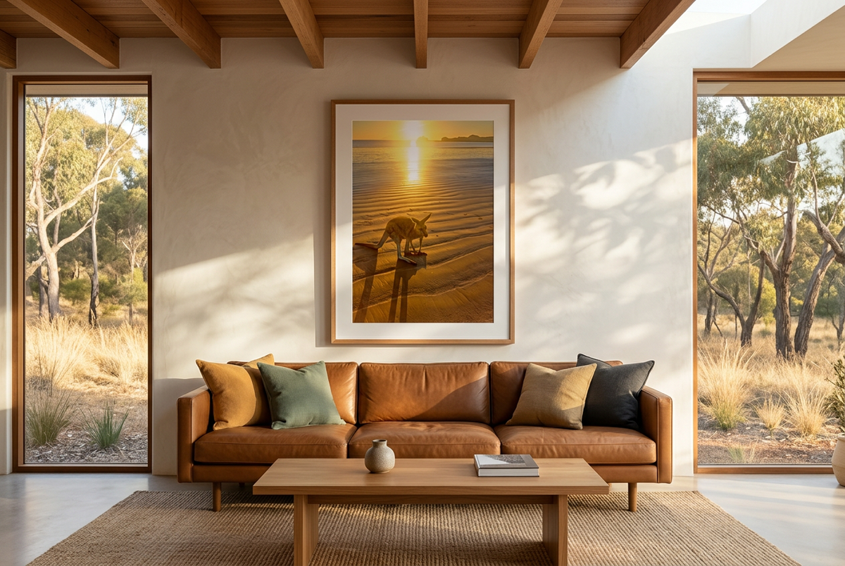 “Framed Sun Skippy kangaroo photograph above a leather sofa in an Australian bush house overlooking eucalyptus trees.”

