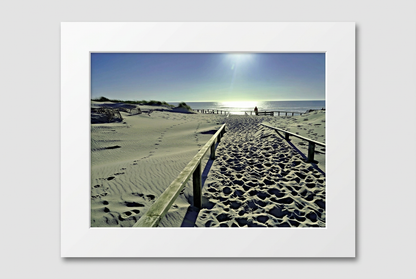 Sandy Sun beach photography print presented with a white mat board and no outer frame.