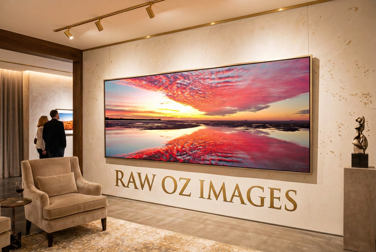 Raw Oz Images gallery mockup with framed sunset photograph