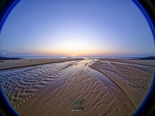 Fisheye lens view of dawn beach tide Australian coastal perspective